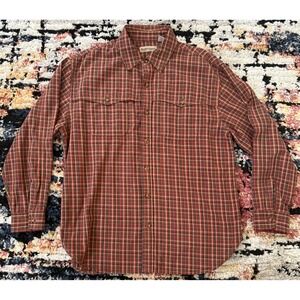RuffHewn Mens Large Plaid Long Sleeve Button Down Shirt‎ Red Tan Flannel Style